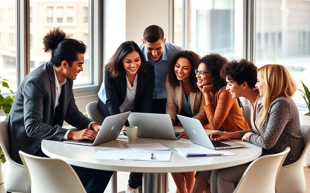 Equipe reunida em ambiente colaborativo