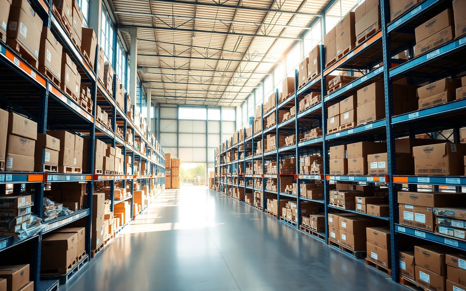 Centro de distribuição atacadista com mercadorias organizadas em prateleiras