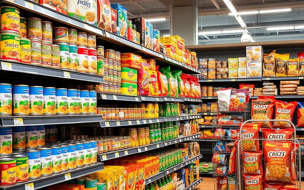 Prateleiras com produtos alimentícios variados