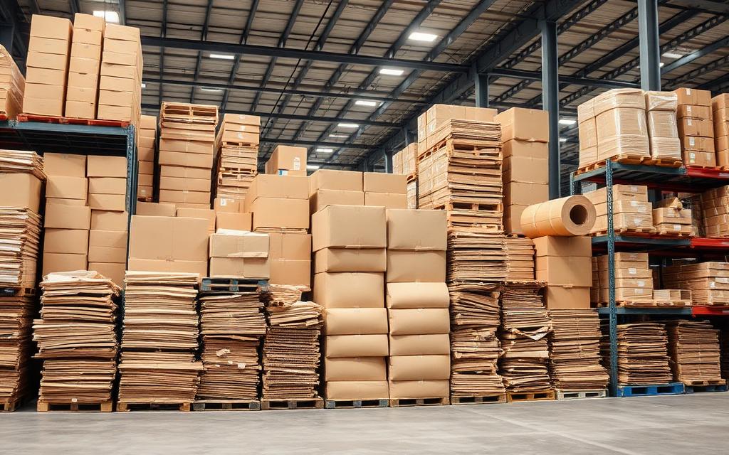 Estoque de caixas e produtos de papel e papelão