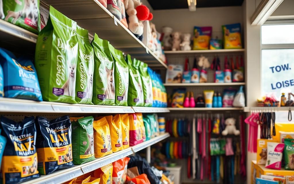 Prateleiras de pet shop com alimentos e acessórios
